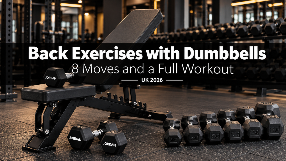 JORDAN HELIX adjustable weight bench at a low incline with JORDAN urethane and rubber hex dumbbells on a commercial gym floor, with the title Back Exercises with Dumbbells UK 2026