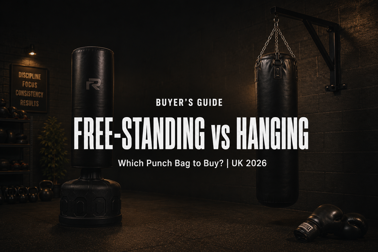 Premium black free-standing punch bag beside a black heavy bag hanging on chains, on rubber flooring in a high-end home gym