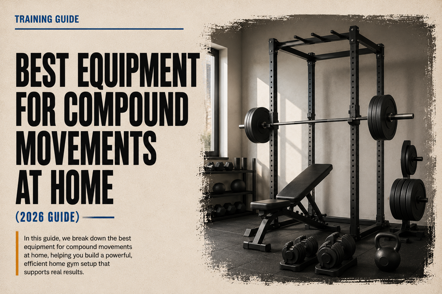 Home gym setup with power rack, barbell, dumbbells and weight bench – best equipment for compound movements at home 2026 guide.”