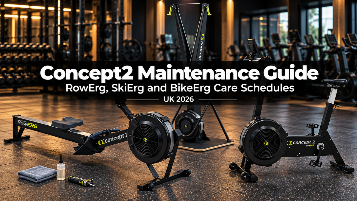 Concept2 RowErg, SkiErg and BikeErg in a commercial gym with a cloth, oil bottle and hand tool beside the rower, with the title Concept2 Maintenance Guide, RowErg, SkiErg and BikeErg Care Schedules, UK 2026