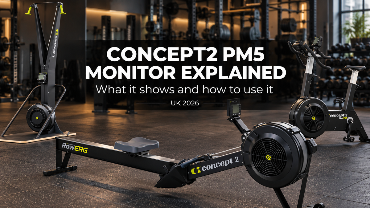 Concept2 RowErg, SkiErg and BikeErg with PM5 monitors in a commercial gym, with the title Concept2 PM5 Monitor Explained, UK 2026