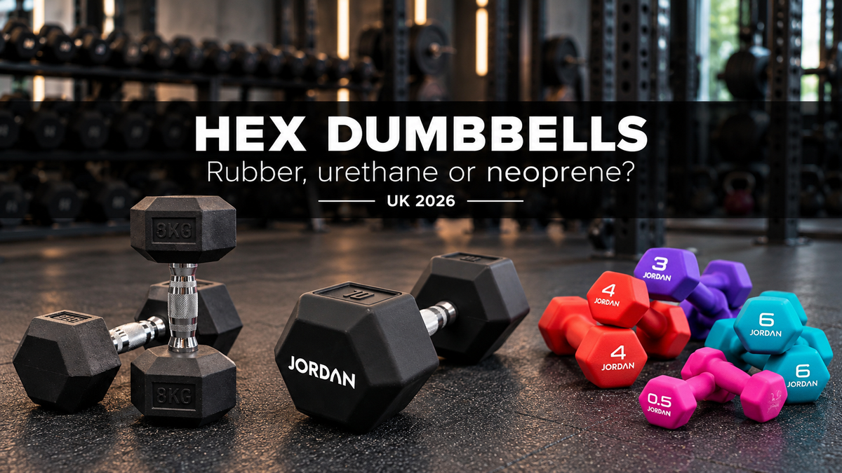 JORDAN rubber, urethane and neoprene hex dumbbells on a commercial gym floor, with the title Hex Dumbbells UK 2026