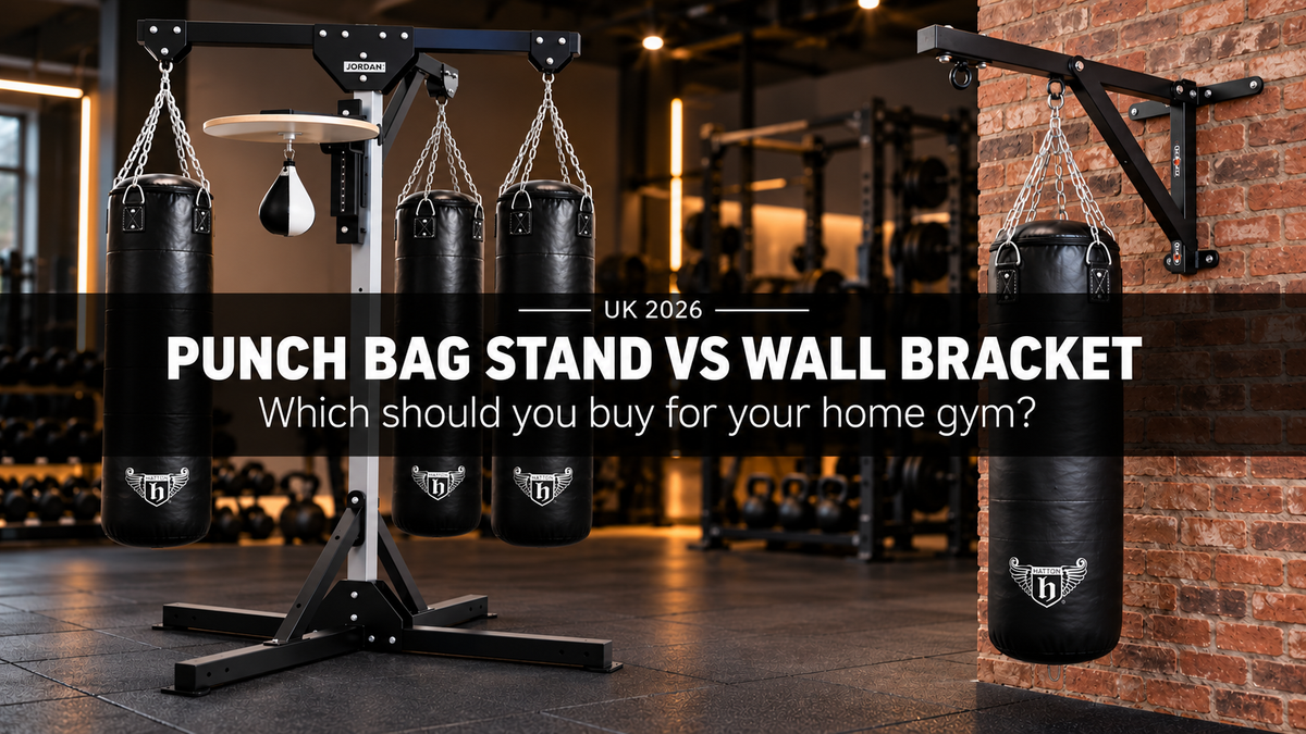 JORDAN freestanding boxing frame with three punch bags next to a JORDAN wall bracket holding a Ricky Hatton punch bag, comparing punch bag stands and wall brackets for UK home gyms