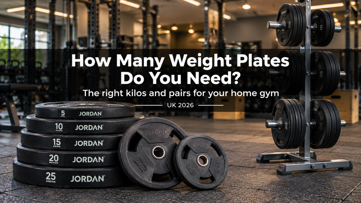 JORDAN black rubber bumper plates, rubber tri-grip change plates and a grey Olympic weight tree in a commercial gym, with the title "How Many Weight Plates Do You Need?"