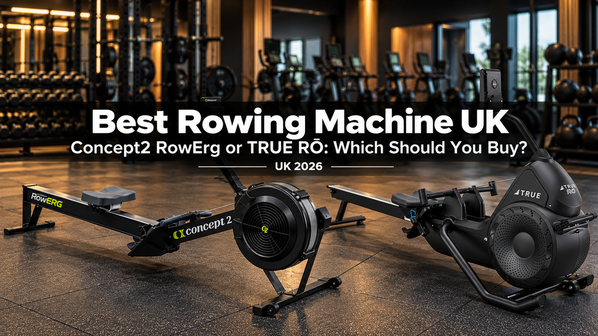 Concept2 RowErg with PM5 monitor and TRUE RŌ Rower side by side in a commercial gym, with the title Best Rowing Machine UK, Concept2 RowErg or TRUE RŌ: Which Should You Buy?, UK 2026