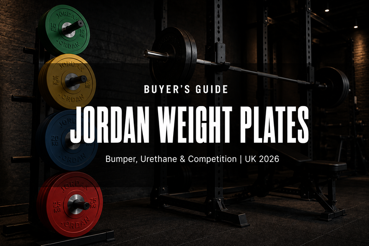 Colour-coded Jordan rubber Olympic bumper plates on a black weight tree beside a loaded barbell in a high-end UK home gym