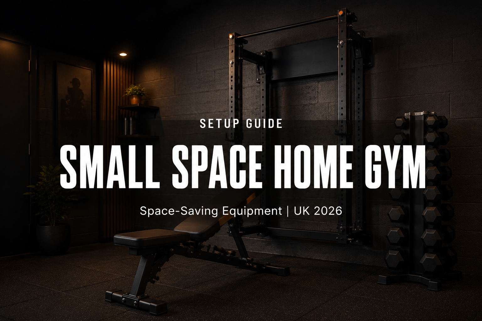 Compact premium home gym in a small room — wall-mounted folding power rack, adjustable bench and vertical dumbbell rack on rubber flooring.