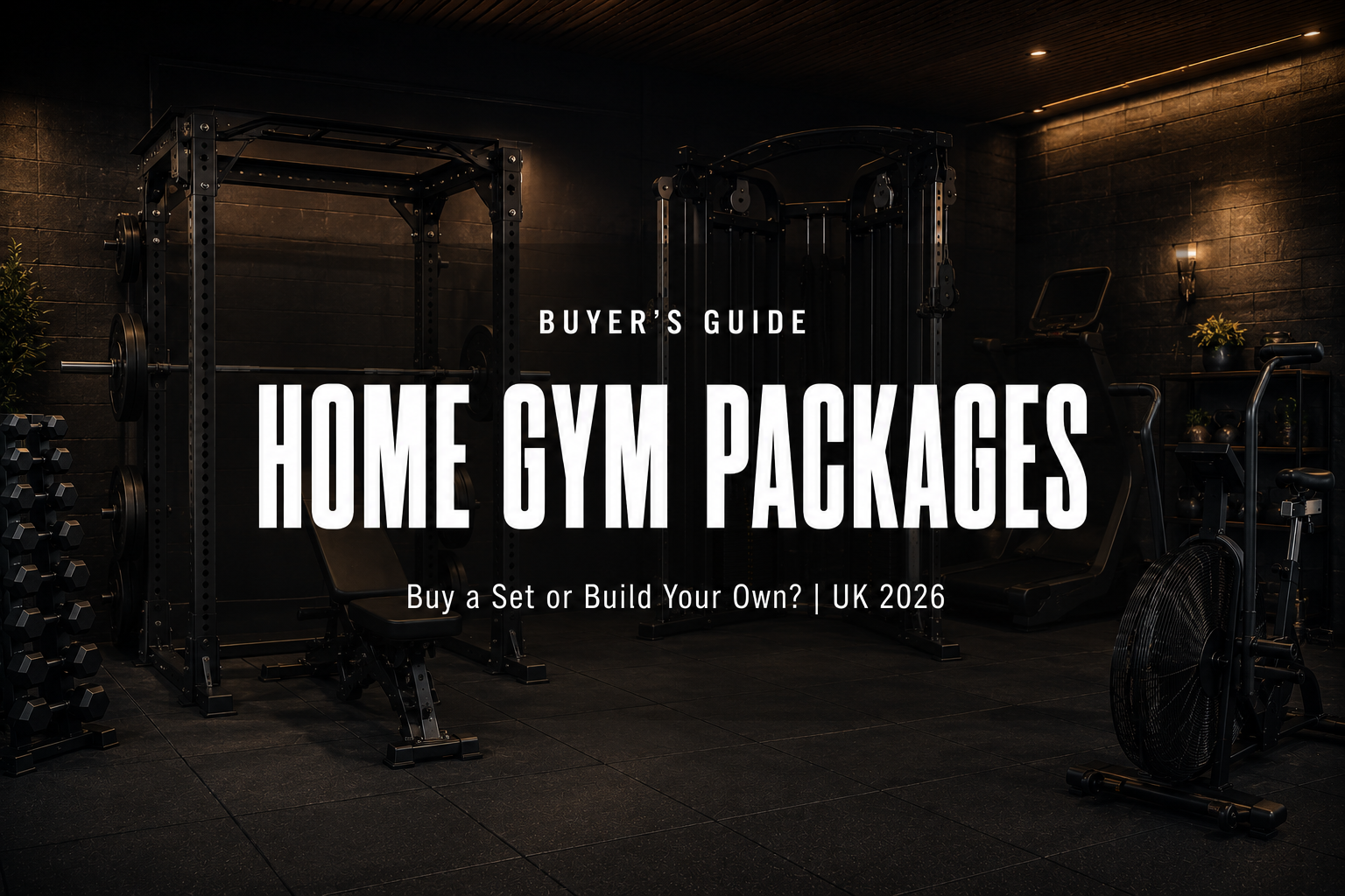 Complete premium home gym package — power rack, cable machine, bench and cardio machine arranged together on rubber flooring in a high-end home gym".