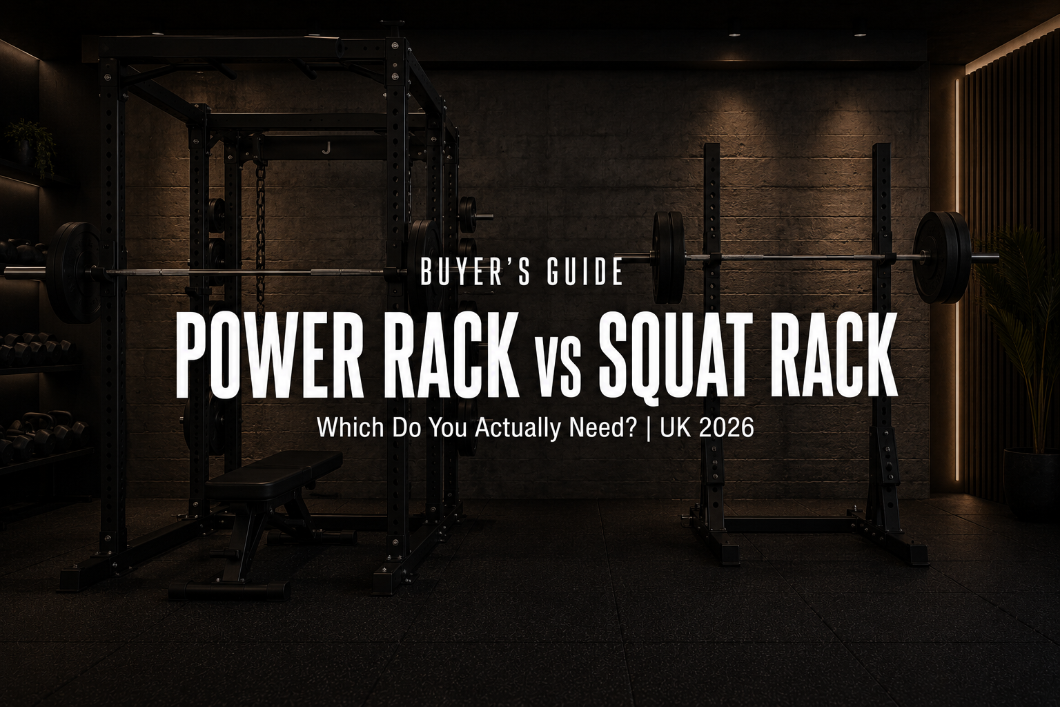 Premium home gym with a black four-post power rack beside a compact squat stand, both loaded with Olympic barbells on rubber flooring