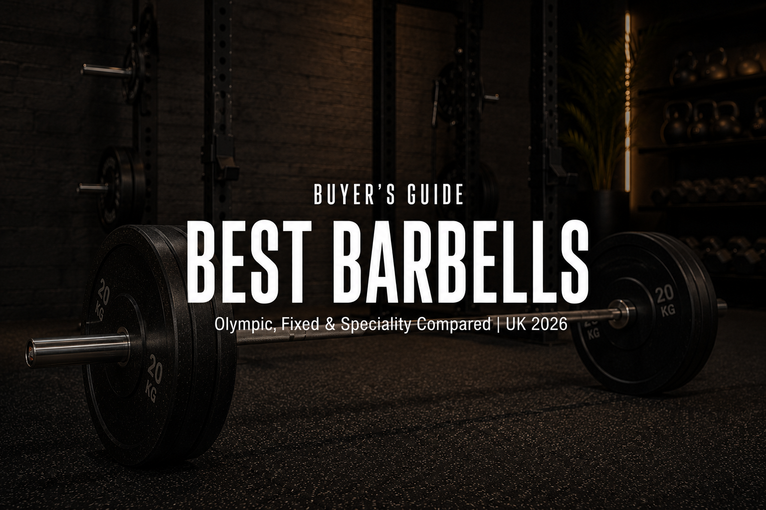 Premium JORDAN Olympic barbell loaded with bumper plates in a black power rack in a home gym