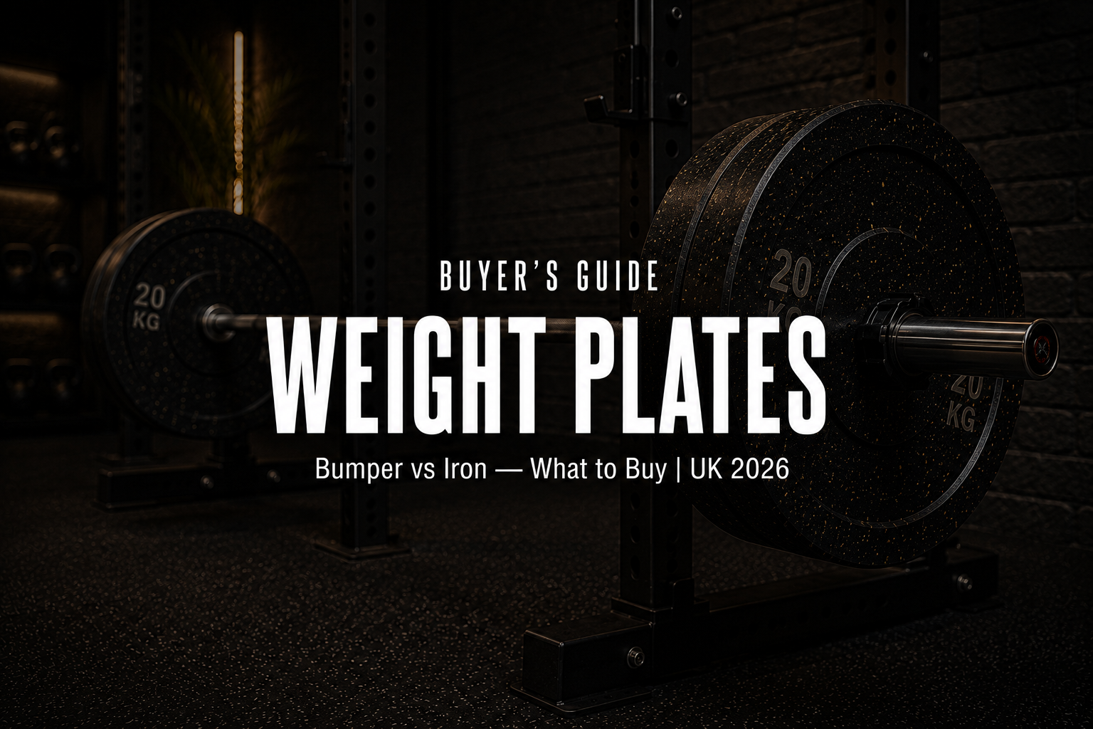 Premium loaded barbell with black rubber bumper plates in a rack in a high-end home gym