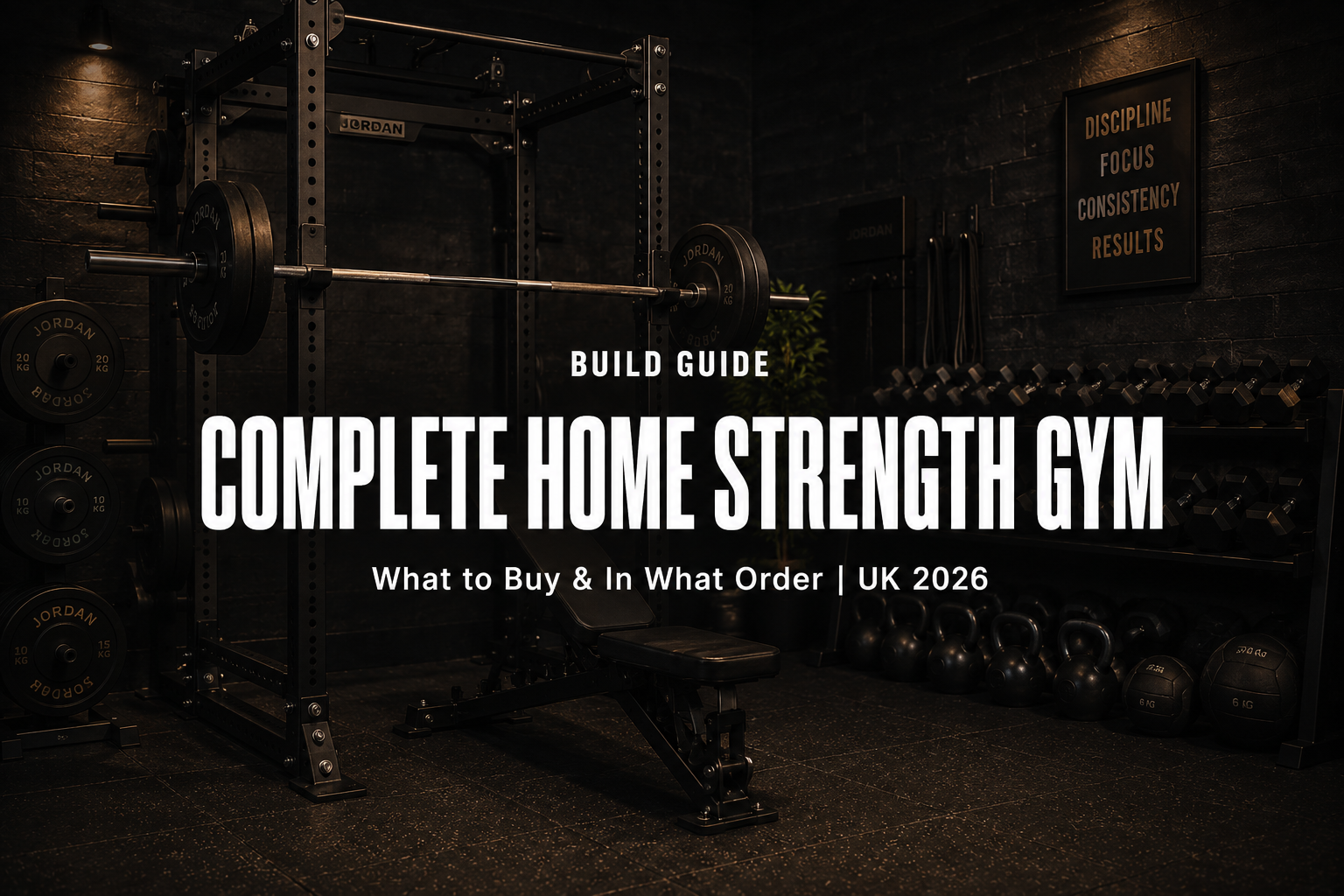 Complete premium home strength gym — black power rack with loaded Olympic barbell, bumper plates, adjustable bench and dumbbells on rubber flooring