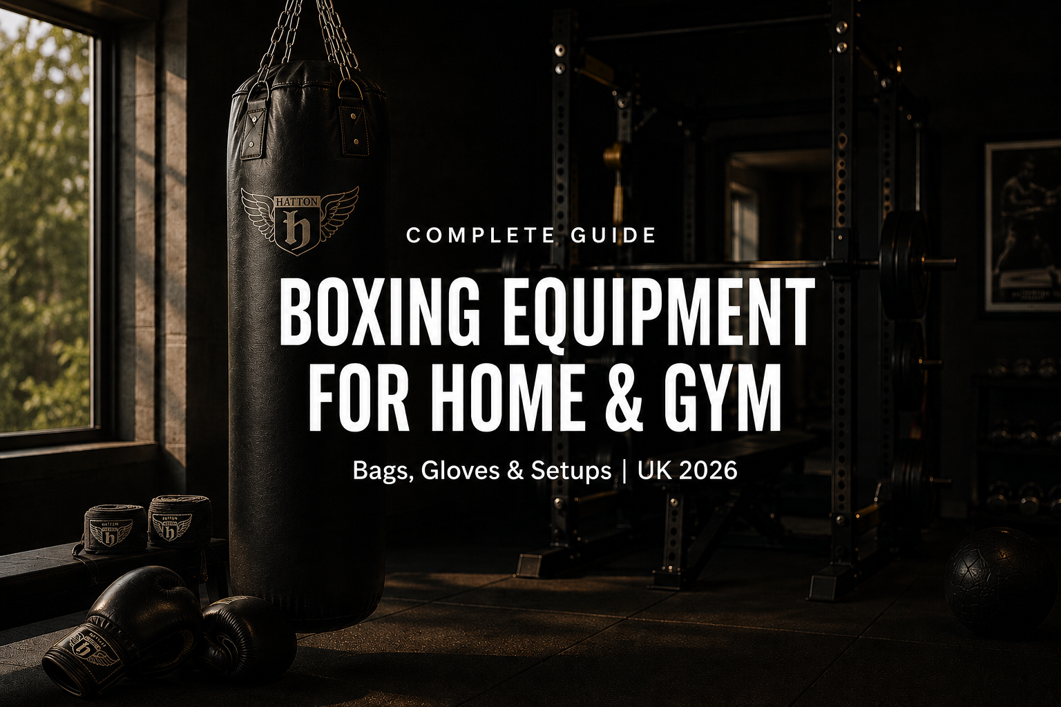 Hatton heavy-duty leather punch bag with matching gloves and wraps in a premium home boxing gym."