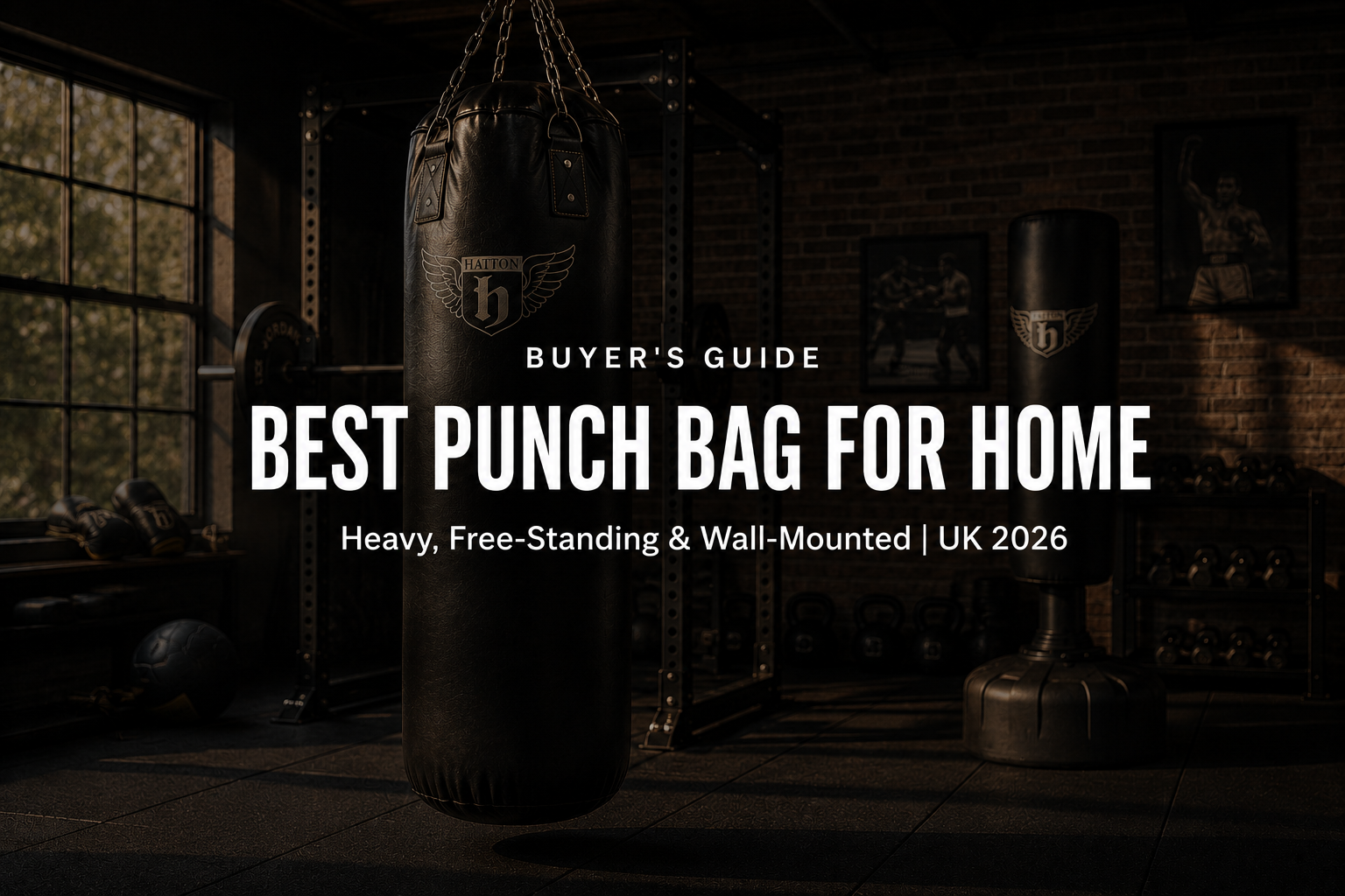 Premium home gym boxing corner with Hatton hanging heavy bag, free-standing bag, power rack and dark moody lighting, featuring a home punch bag buyer's guide banner.