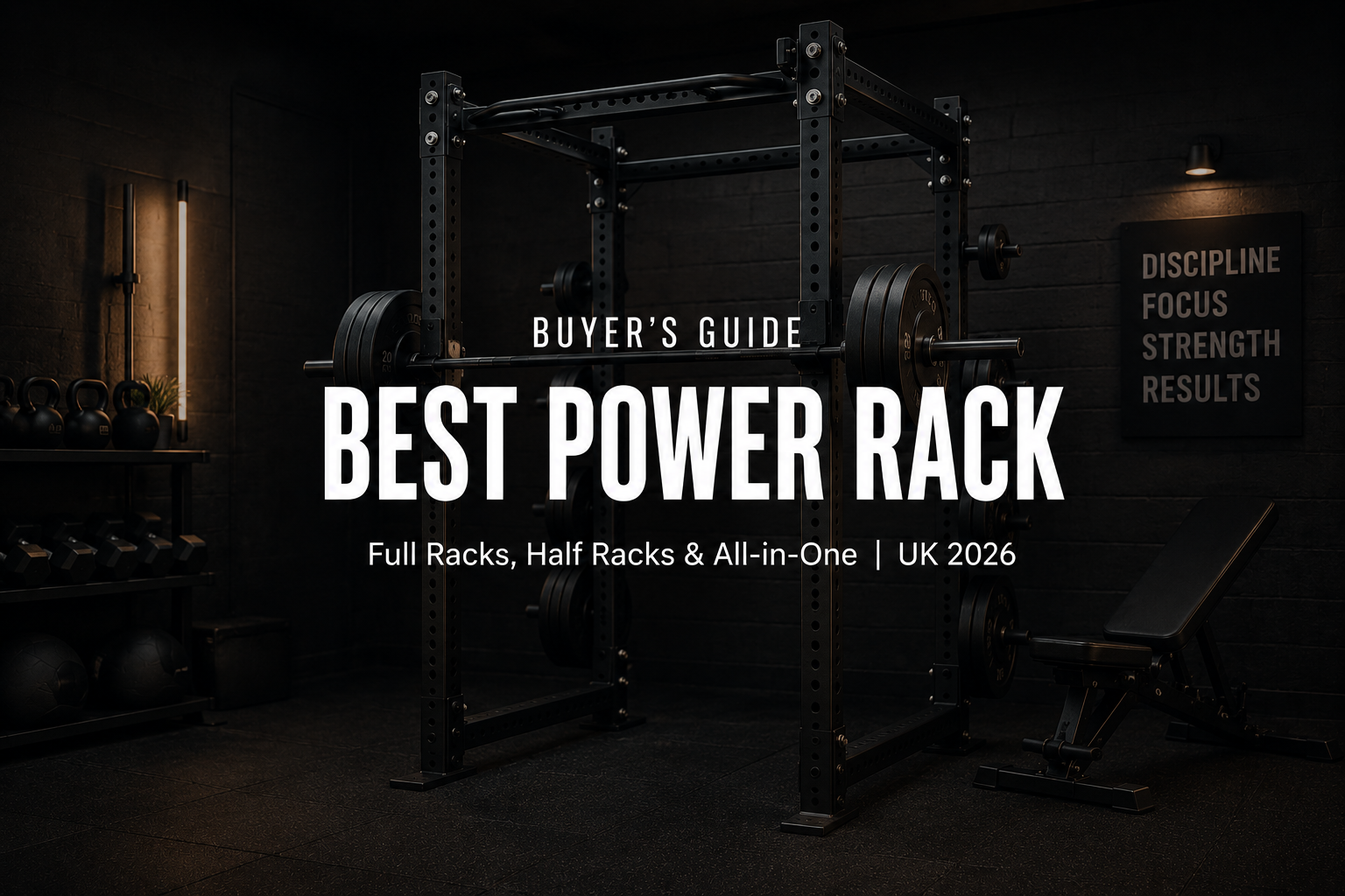 Black commercial-grade four-post power rack with loaded Olympic barbell on J-hooks in a premium UK home gym
