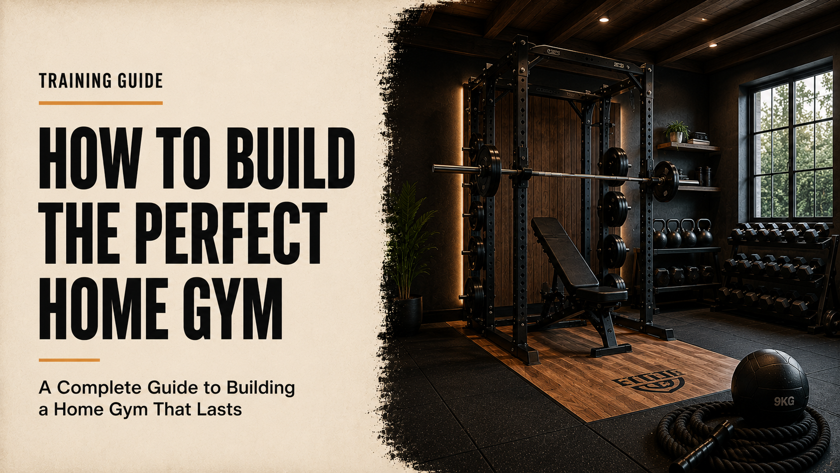 Premium home gym setup with a power rack, bench, barbells, kettlebells and dumbbells in a modern industrial training space, featured alongside a bold guide to building the perfect home gym.