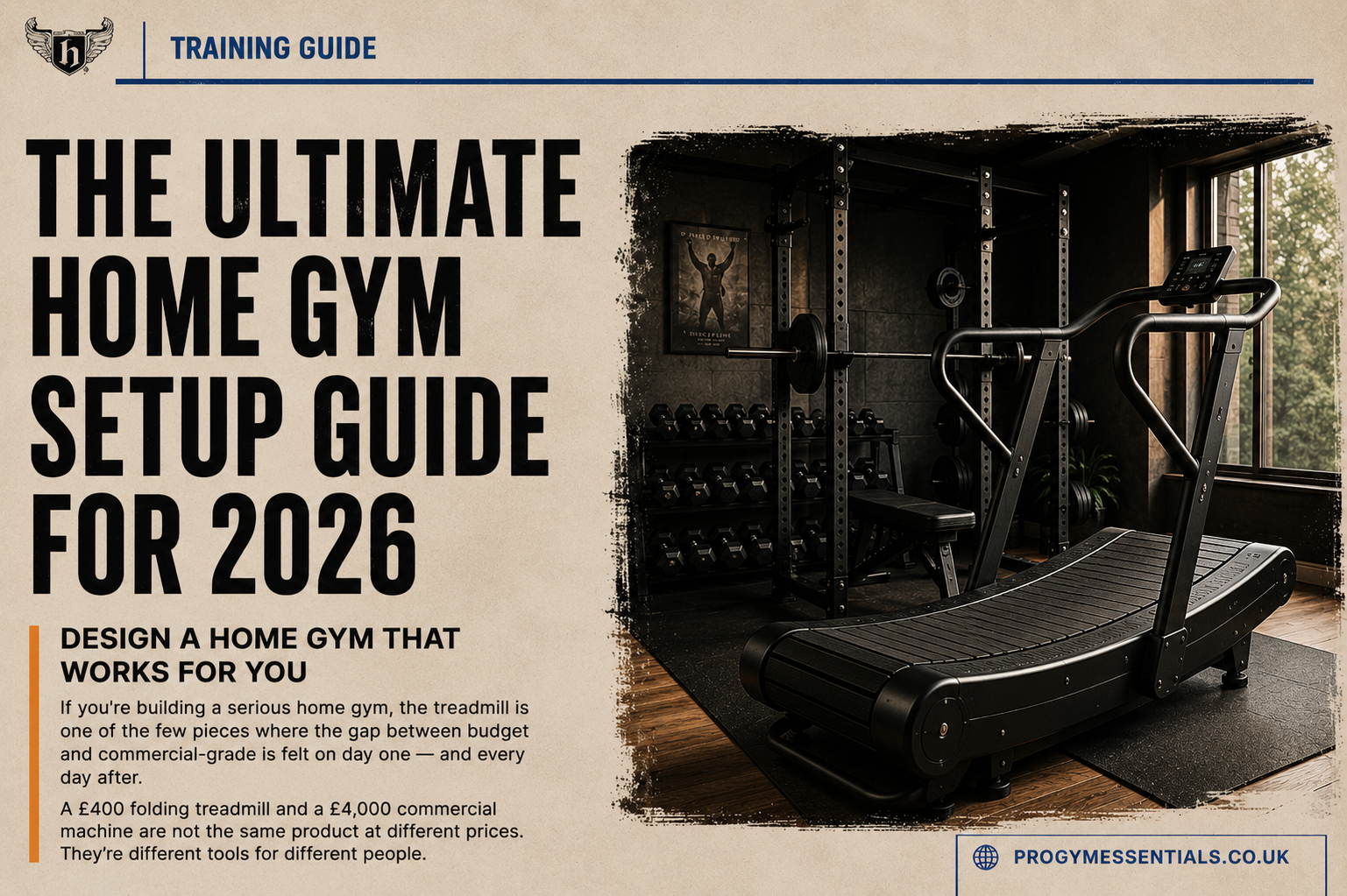 Commercial-grade curved treadmill in a premium home gym with power rack and dumbbells – home gym setup guide UK