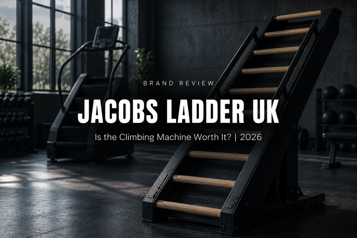 A steep angled climbing ladder machine with wooden rungs on a black steel frame in a dark, premium UK gym