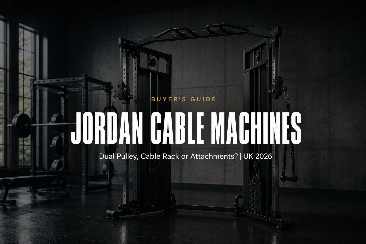 A dual adjustable cable pulley machine with two weight stacks beside a black power rack on dark rubber flooring in a modern UK gym