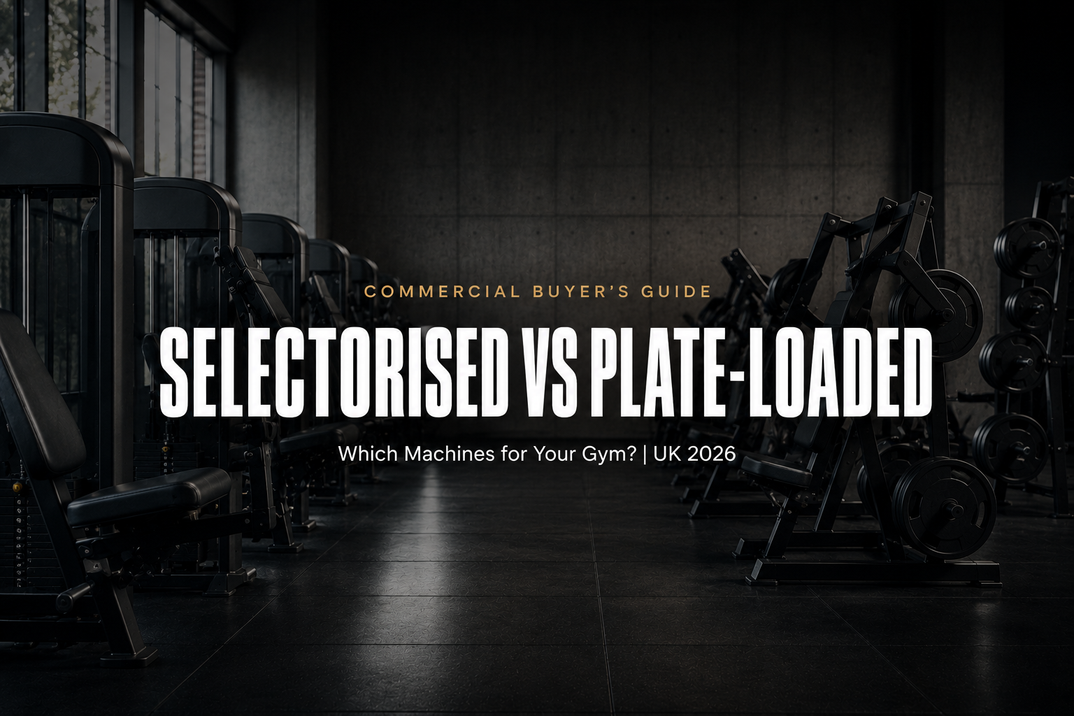 Selectorised weight-stack machines beside plate-loaded lever machines with Olympic plates on dark rubber flooring in a modern UK gym