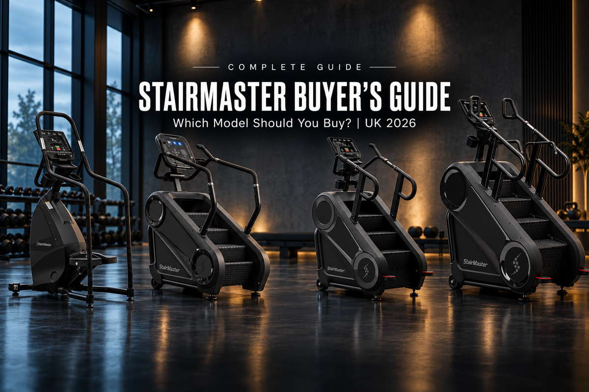 StairMaster FC 8 Series FreeClimber, 4G, 8Gx and 10G Gauntlet stepmills in a dark premium UK gym with the title StairMaster Buyer's Guide