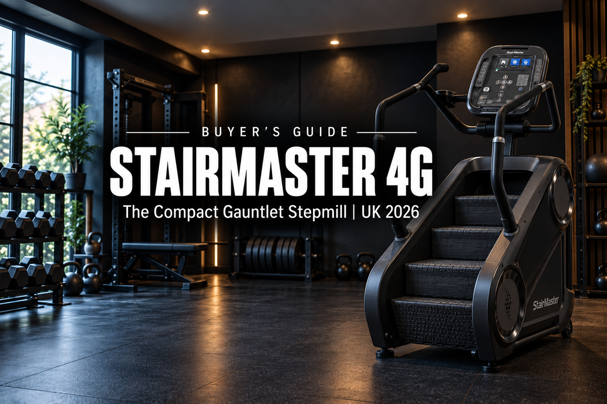 StairMaster 4G Gauntlet stepmill in a dark premium UK home gym with the title StairMaster 4G Buyer's Guide