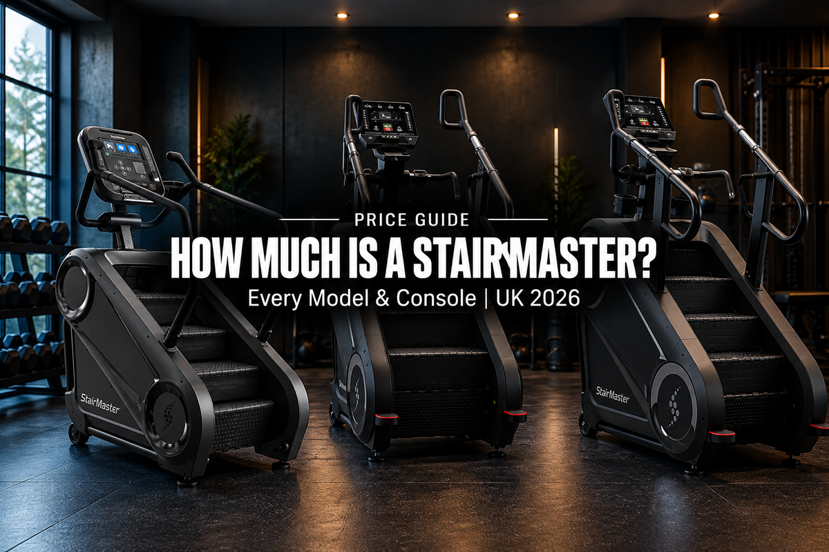 StairMaster 4G, 8Gx and 10G Gauntlet stepmills in a dark premium UK gym with the title How Much Is a StairMaster?