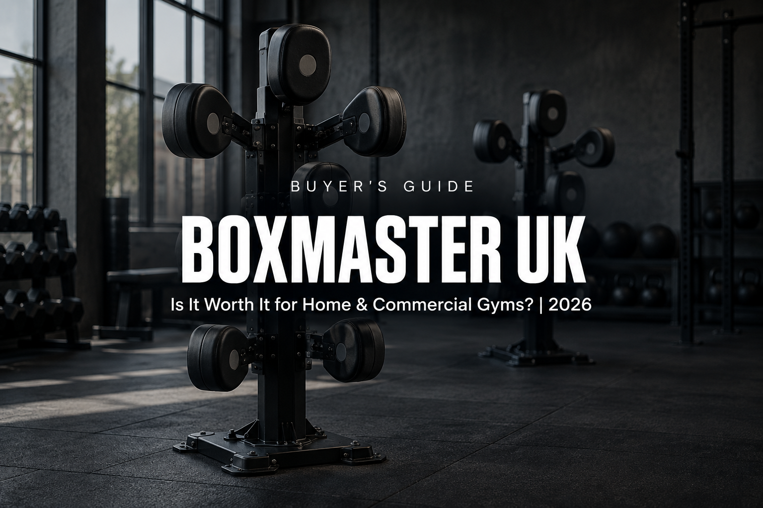 A matte black reactive boxing training tower with angled striking pads in a dark, premium UK gym