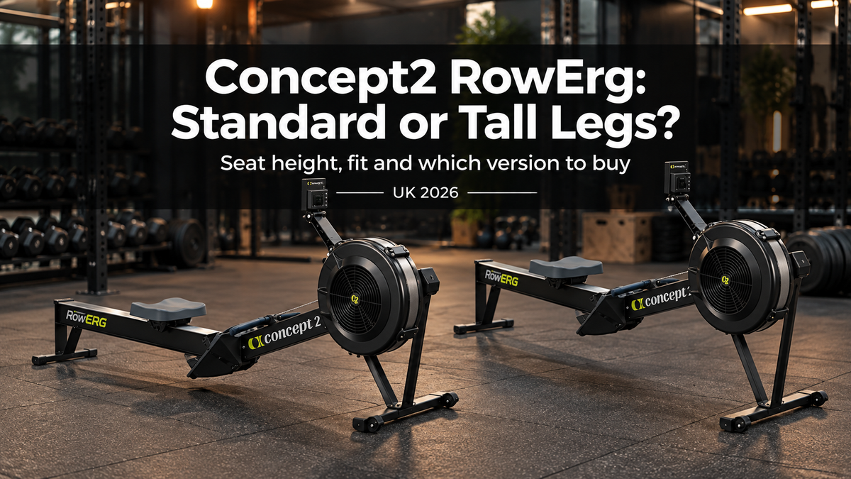 Concept2 RowErg standard-leg and tall-leg indoor rowers side by side in a UK gym with the title Concept2 RowErg: Standard or Tall Legs? UK 2026