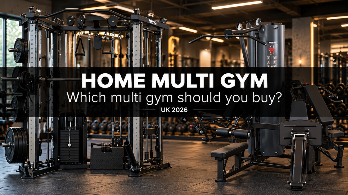 MYO Strength Multi Gym and MYO Strength 3 Stack Multi Gym side by side in a gym, with the title Home Multi Gym: which multi gym should you buy, UK 2026