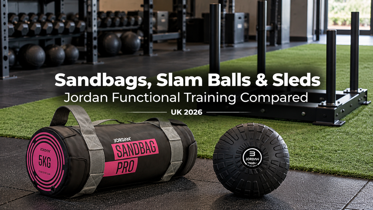 JORDAN Sandbag Pro and black Slam Ball on rubber gym flooring, with a black JORDAN Prowler Sled on an indoor turf lane