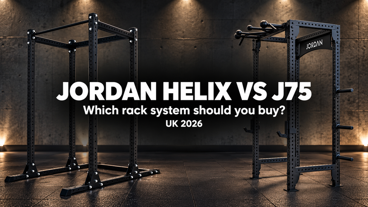 JORDAN HELIX Freestanding Power Rack and J75 Compact Power Rack side by side in a home strength gym