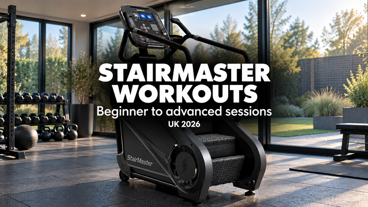 StairMaster 4G Gauntlet Stepmill in a bright home gym studio, ready for a StairMaster workout