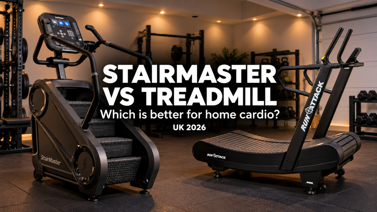StairMaster 4G Gauntlet Stepmill beside the Attack Fitness Run Attack Curved Treadmill in a home gym