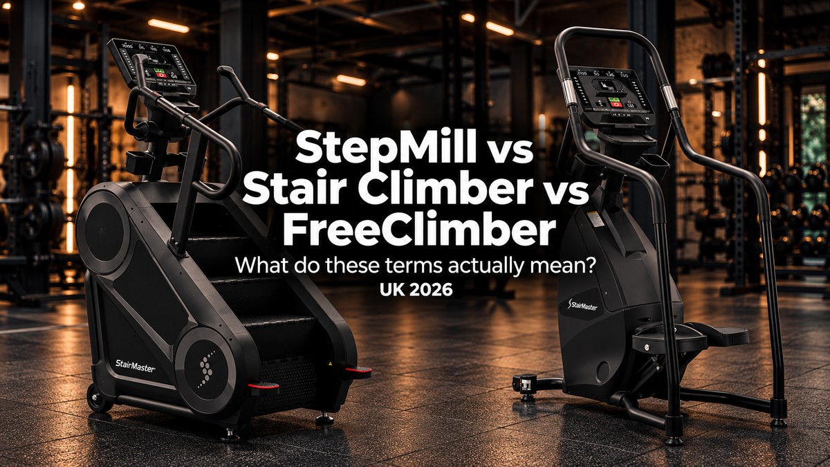 StairMaster 8Gx Gauntlet StepMill with its revolving staircase beside the StairMaster FC 8 Series FreeClimber with independent stepping pedals in a commercial gym, under the title StepMill vs Stair Climber vs FreeClimber