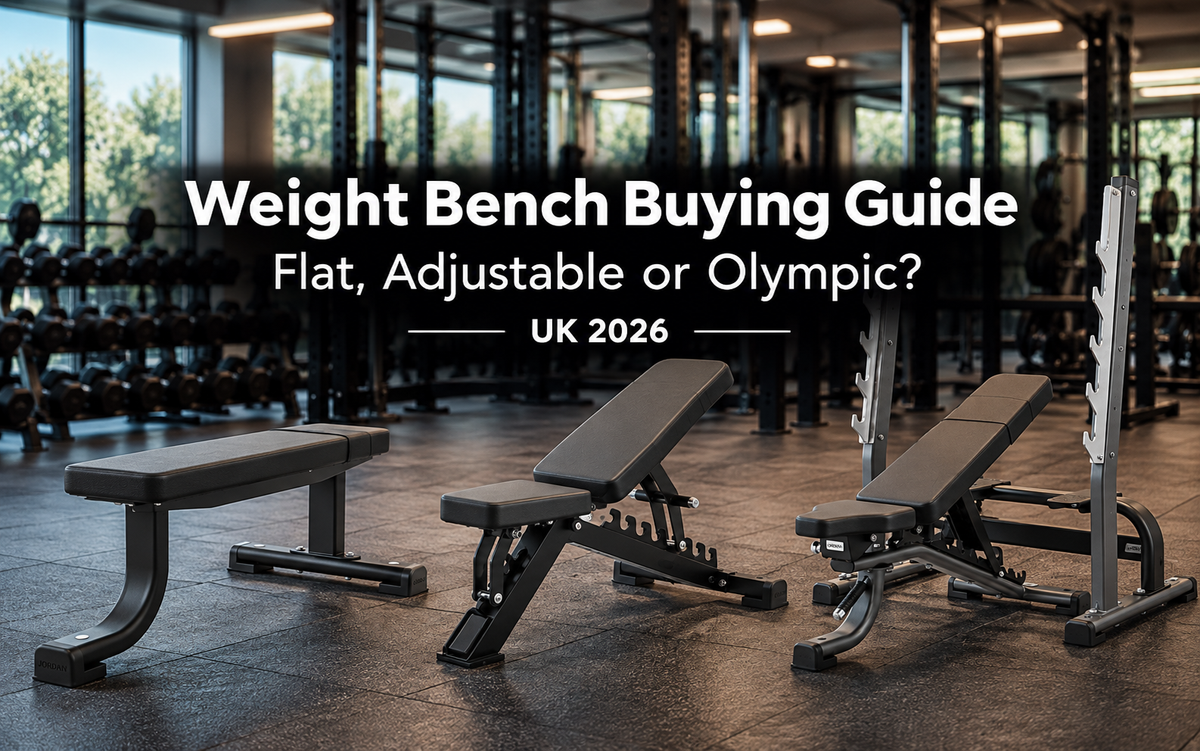 Jordan flat, adjustable and Olympic weight benches in a UK gym with the title Weight Bench Buying Guide: Flat, Adjustable or Olympic? UK 2026