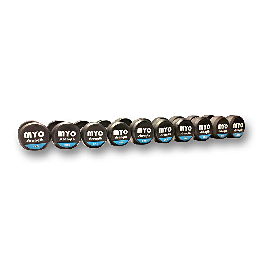 MYO Strength 1kg – 10kg Rubber Dumbbell Set with PU End Caps (1kg Increments) - Pro Gym Essentials