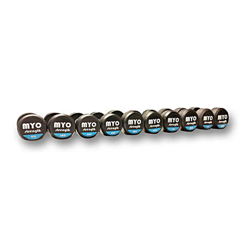 MYO Strength 1kg – 10kg Rubber Dumbbell Set with PU End Caps (1kg Increments)